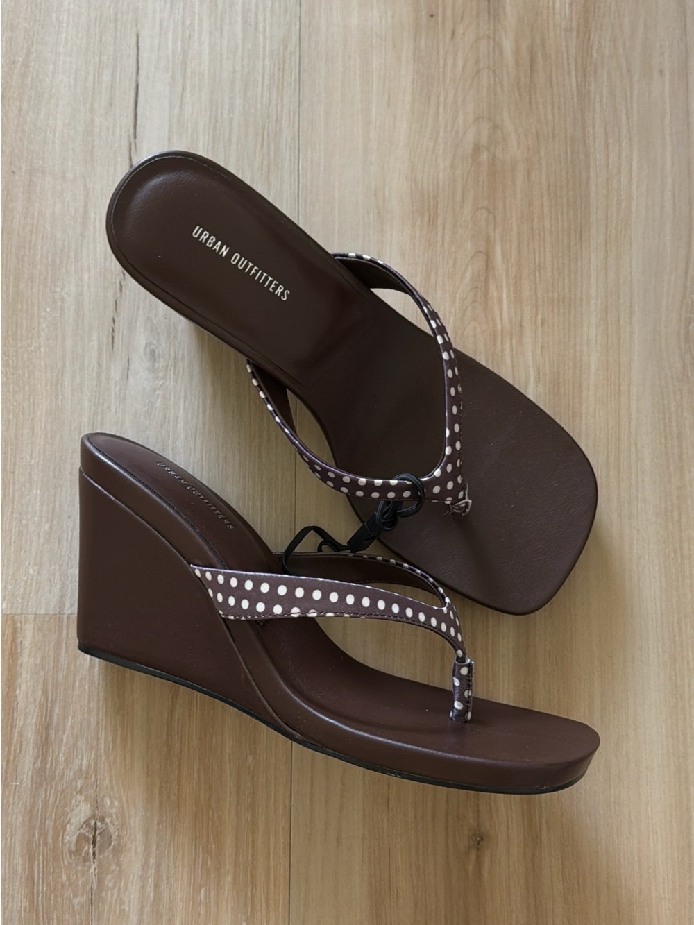 Urban Outfitters Brown Wedge Sandals with White Polka Dot Straps